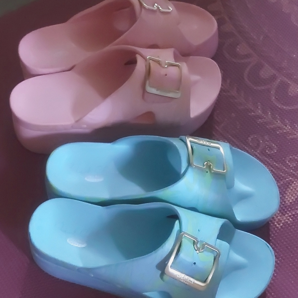 Dr Scholl's Original Goals Platform Sandals size 10 blue and apricot